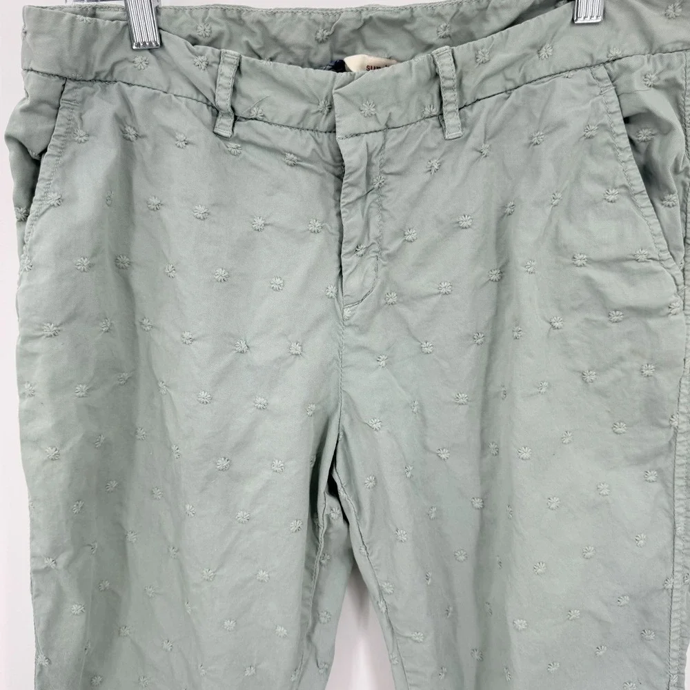 Sundance Pants Sz P8 Light Green Embroidered Floral Tone on Tone Cotton Chino